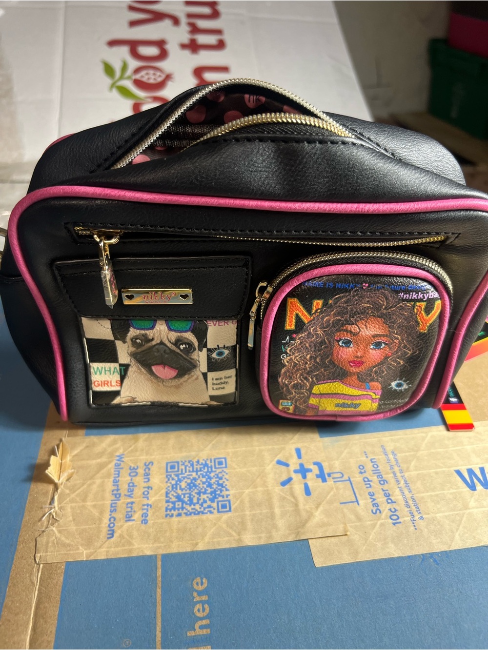Black and Pink Girls' Crossbody Bag with Character Patches
